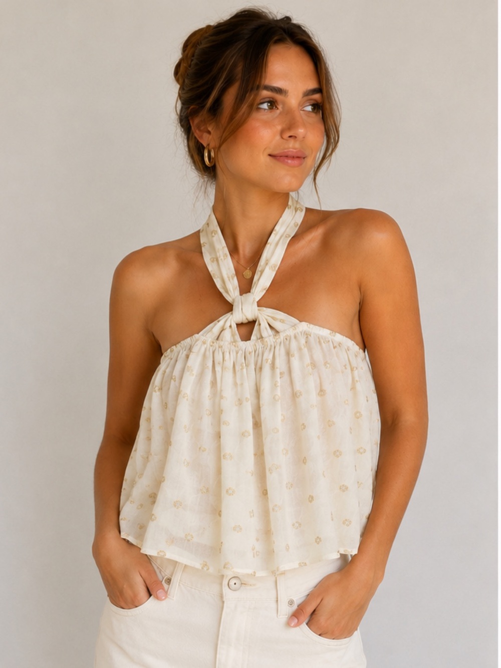 Zara Halter Tie‑Back Top – Cream Floral, Size Small